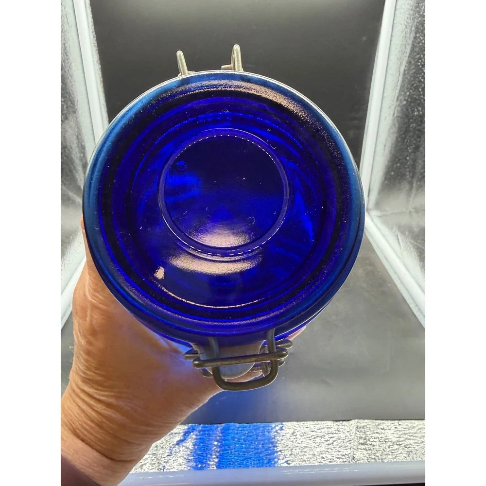Vintage Cobalt Blue Glass Canister Octagonal Faceted Jar Wire Bale Swing Top Lid